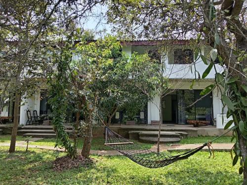 a hammock in front of a house with trees at New Sigiri Kele in Sigiriya