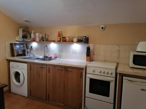 a kitchen with a sink and a washing machine at Frairie Du Divit in Pontivy