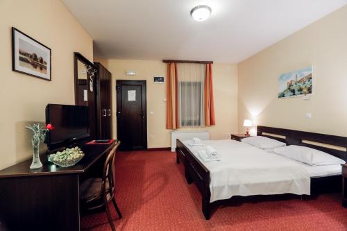 a hotel room with a bed and a desk and a television at Rooms Villa Iva in Ilok