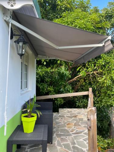 a patio with an umbrella and two chairs and a plant at Chez Toi in La Trinité