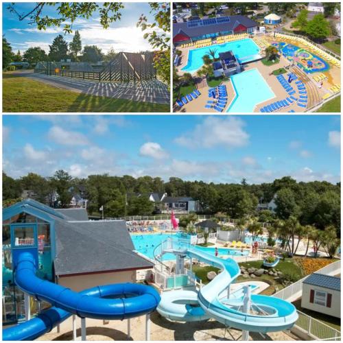 un collage de trois photos d'un parc aquatique dans l'établissement Mobilhome chaleureux, à Pont-Aven