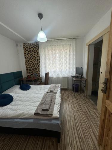 a bedroom with a large bed and a window at Zielona Łąka in Węgierska Górka