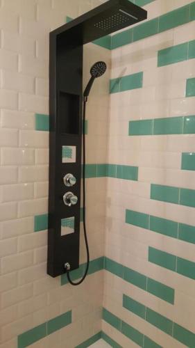 a shower in a bathroom with green and white tiles at A Casiña de Esther in Teo