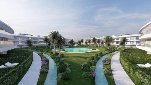 an image of a resort yard with a swimming pool and palm trees at Ocean Home - Costa Ballena in Costa Ballena