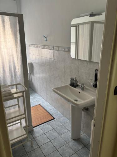 a white bathroom with a sink and a shower at GreenAppartament del lago in Viverone