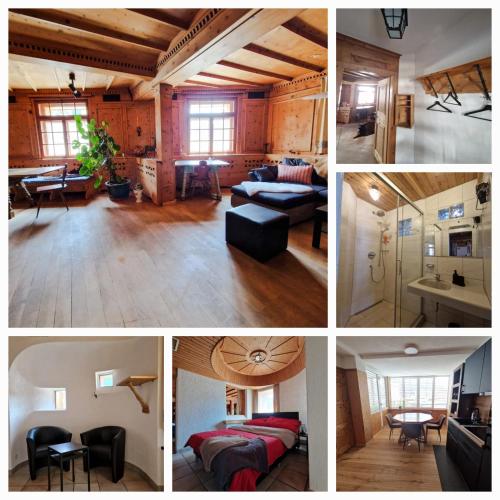 a collage of four pictures of a room at FeWo's und Apartment's Blaues Haus in Davos