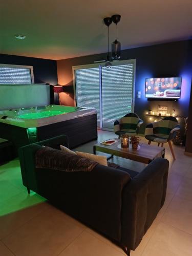 - un salon avec un canapé et un billard dans l'établissement Le NaturOspa spa privatif, à Le Quesnoy-en-Artois