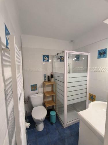 une salle de bain avec toilettes, douche et lavabo dans l'établissement Appartement T2 Le Clos Fleuri, au Lavandou
