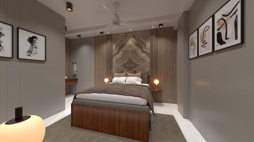a bedroom with a bed with a wooden wall at SNR CLOUD9 HOTELs in Tirupati