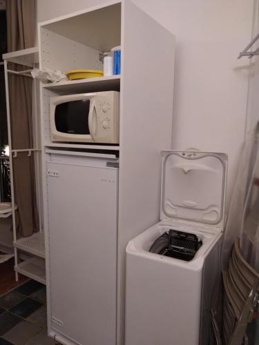Elle comprend un petit réfrigérateur avec un four micro-ondes et un lave-linge. dans l'établissement Studio l'Olivette T1, à Avignon