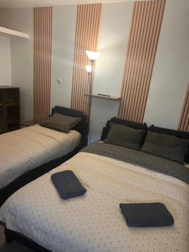 two beds in a hotel room with towels on them at Le Manteau Bleu in Béziers