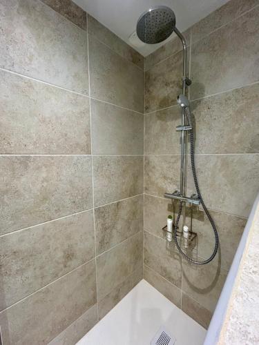 une douche avec pommeau de douche dans une salle de bain dans l'établissement La Petite Bageasse, à Brioude