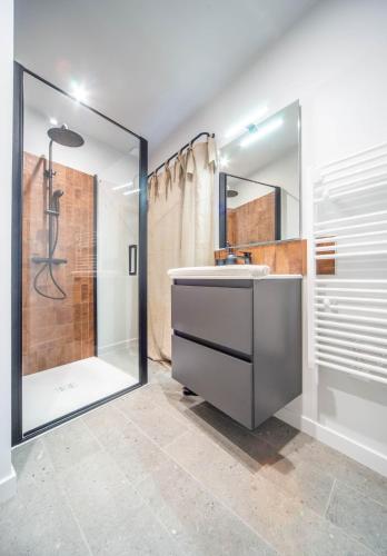 une salle de bain avec un lavabo et une douche dans l'établissement L'aventurière, à Tournus