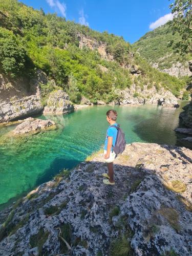 a boy with a backpack standing on a rock near a river at Apartments Aerodrom in Podgorica