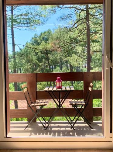 - une table avec une bouilloire assise sur une terrasse couverte dans l'établissement Appartement cosy au calme - Seignosse Les bourdaines, à Seignosse