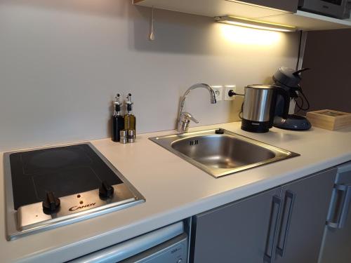 Il comprend une cuisine équipée d'un évier et d'une cuisinière. dans l'établissement Birdie - face au golf, proche plage et activités, à Fréhel