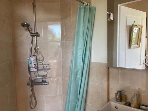 une douche avec un rideau de douche bleu dans une salle de bain dans l'établissement bastidon, 5 people near beach, sea view, quiet, au Lavandou