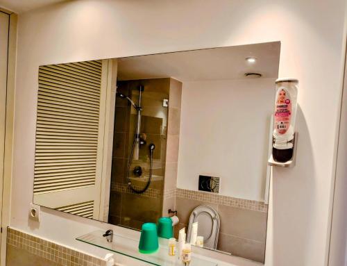 La salle de bains est pourvue d'un grand miroir au-dessus d'un lavabo. dans l'établissement la perle de Menton, à Menton