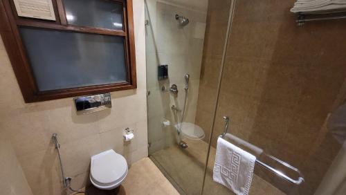 a bathroom with a shower with a toilet and a window at UDS Villa - Next to VFS, Walking to Connaught Place in New Delhi