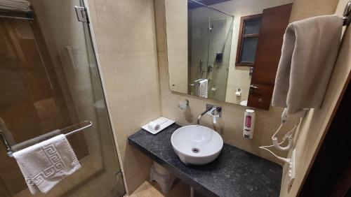 a bathroom with a sink and a shower at UDS Villa - Next to VFS, Walking to Connaught Place in New Delhi
