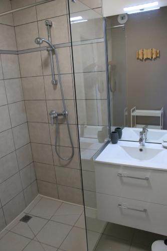 une salle de bain avec douche et lavabo dans l'établissement l' Huîtrier-Pie, à Saint-Valery-sur-Somme