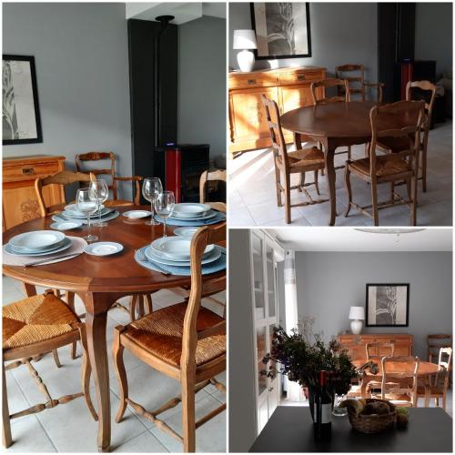 une salle à manger avec une table et des chaises en bois dans l'établissement Gîte Saint Benoît sur Loire en Val de Sully, à Saint-Benoît-sur-Loire