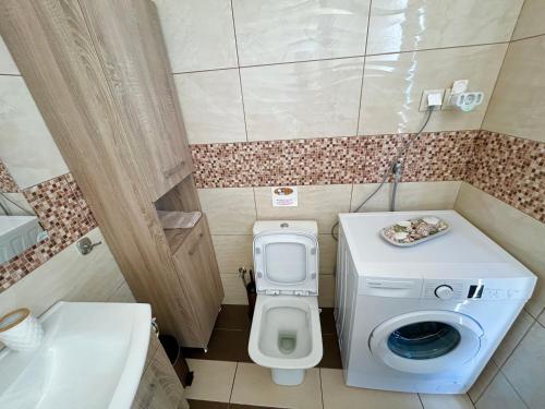 a small bathroom with a toilet and a washing machine at BlueSunnyParadise in Glóssa