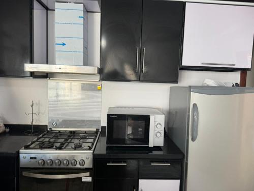 a kitchen with a stove top oven and a microwave at شالية غرفتين Porto Said in Port Said
