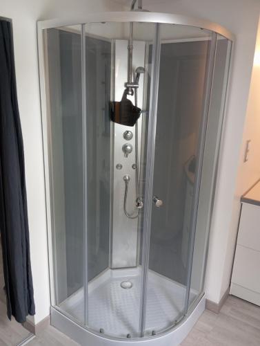 une douche avec une cabine en verre dans une salle de bain dans l'établissement La Petite Maison, à Ricarville-du-Val