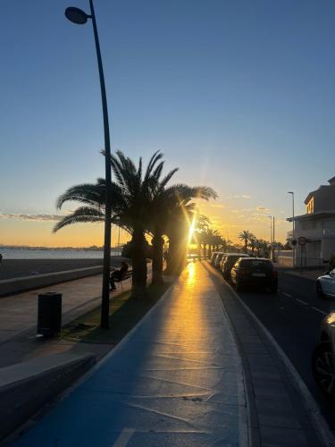 a street with palm trees on the side of a beach at La Perla del Pinatar in San Pedro del Pinatar