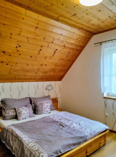 ヘーヴィーズにあるHeviz Apartment 5の木製の天井と大きなベッドのある寝室