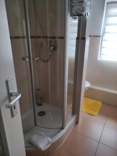 a shower with a glass door in a bathroom at Ferienwohnung Beck in Buttstädt