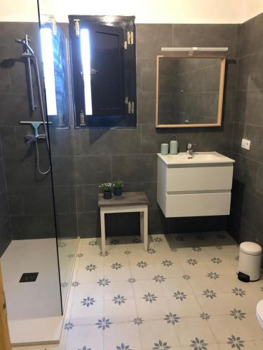a bathroom with a shower and a sink and a mirror at CasaArabí in Arabí