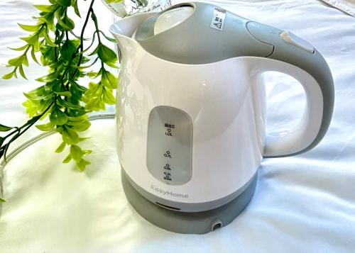 une bouilloire assise sur une table à côté d'une plante dans l'établissement Ueno Sakura House, à Tokyo