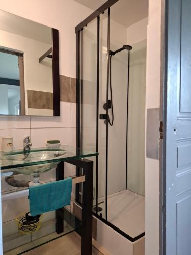 a bathroom with a glass sink and a shower at Petit cocooning Au cœur de la Sologne in Romorantin