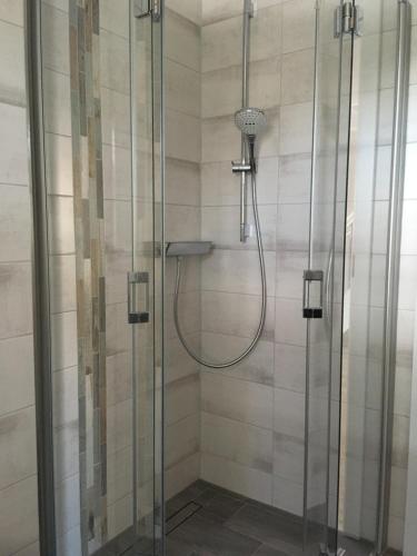 a bathroom with a shower with a glass door at Lakehouse in Brodowin in Chorin