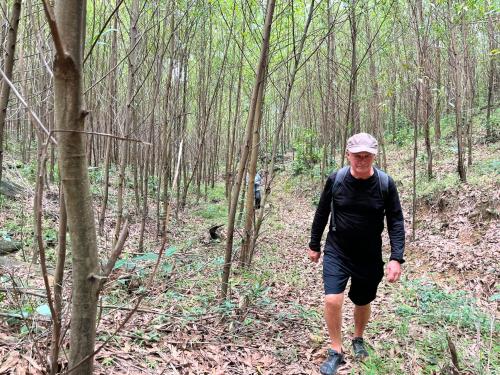 a man walking on a trail in the woods at Daily Free Trekking Tour - Nguyen Shack in Phong Nha