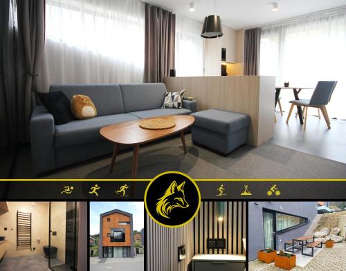 a living room with a couch and a table at Fox Hrabovo Apartment, Malino Brdo, Bike & Ski in Ružomberok