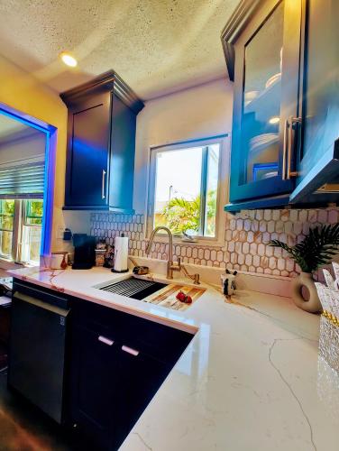 a kitchen with blue cabinets and a sink at World Solo Travel's Welcomed At St Pete Home in St. Petersburg