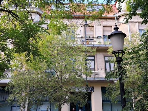 a building with a street light in front of it at GreenStreetApartment in Kecskemét
