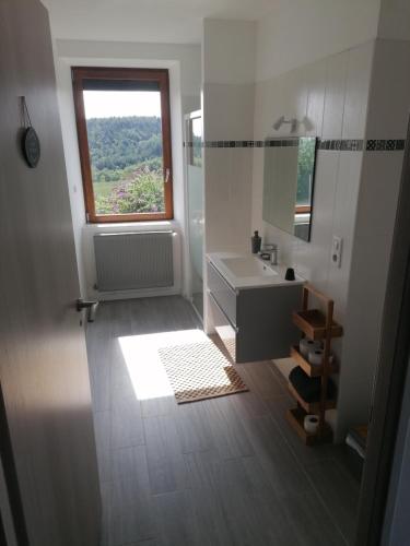 une salle de bain avec un lavabo et une fenêtre dans l'établissement La Maison de Valie, à Mercoeur