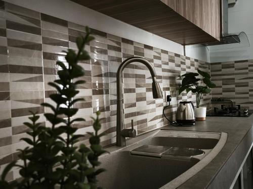 a kitchen sink with a faucet and a plant at Miri Homie Homestay 2 in Miri