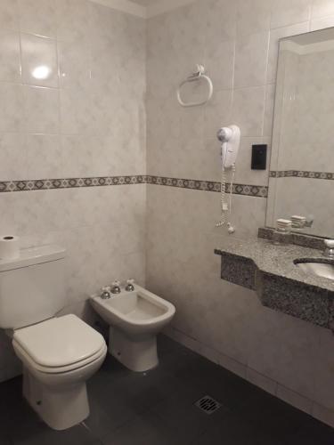 a bathroom with a toilet and a sink and a mirror at Hotel Plaza Roma in Buenos Aires