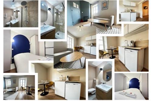 a collage of photos of a kitchen and a room at E5 Reton T2 chic et confortable au coeur d Epernay in Épernay