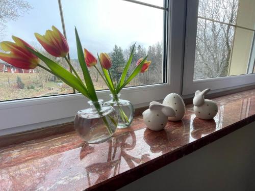 a window sill with a vase with flowers and some figurines at Ferienwohnung am Miriquidi in Marienberg