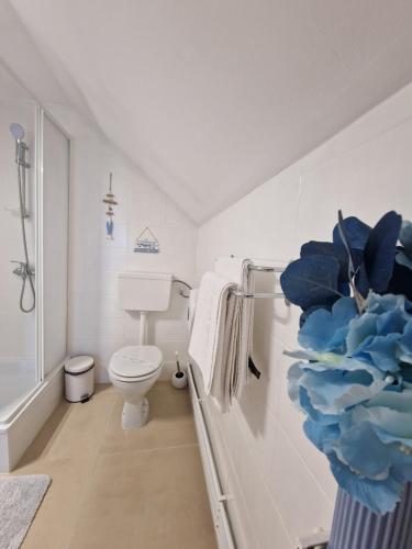 a white bathroom with a toilet and towels at Casa Tomșa in Rozavlea