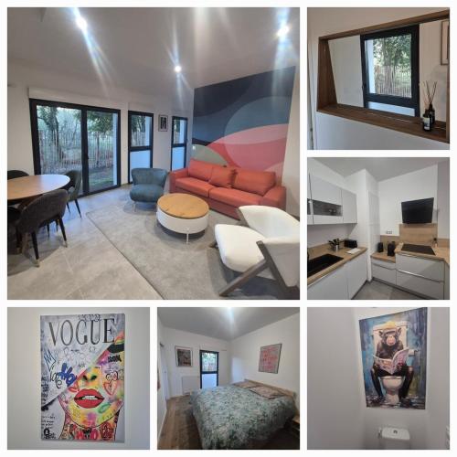 un collage de photos d'un salon et d'une chambre dans l'établissement Nina, Appartement 2 couchages, Elégant, Wifi, Parking, à La Rochelle