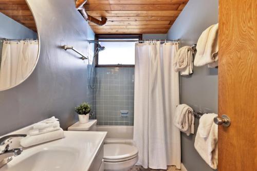 a bathroom with a white toilet and a sink at The Ski Bungalow - A cozy 2-bedroom retreat in the heart of ski town - Ski and snowboard rental deals! in Killington