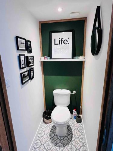 La salle de bains est pourvue de toilettes et d'un mur vert. dans l'établissement charming single-storey house, à Saint-André