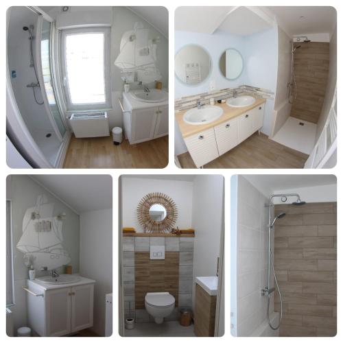 Quatre photos d'une salle de bains avec lavabo et toilettes dans l'établissement Maison pleine de charme - Plage a 200m, à Saint-Brévin-lʼOcéan
